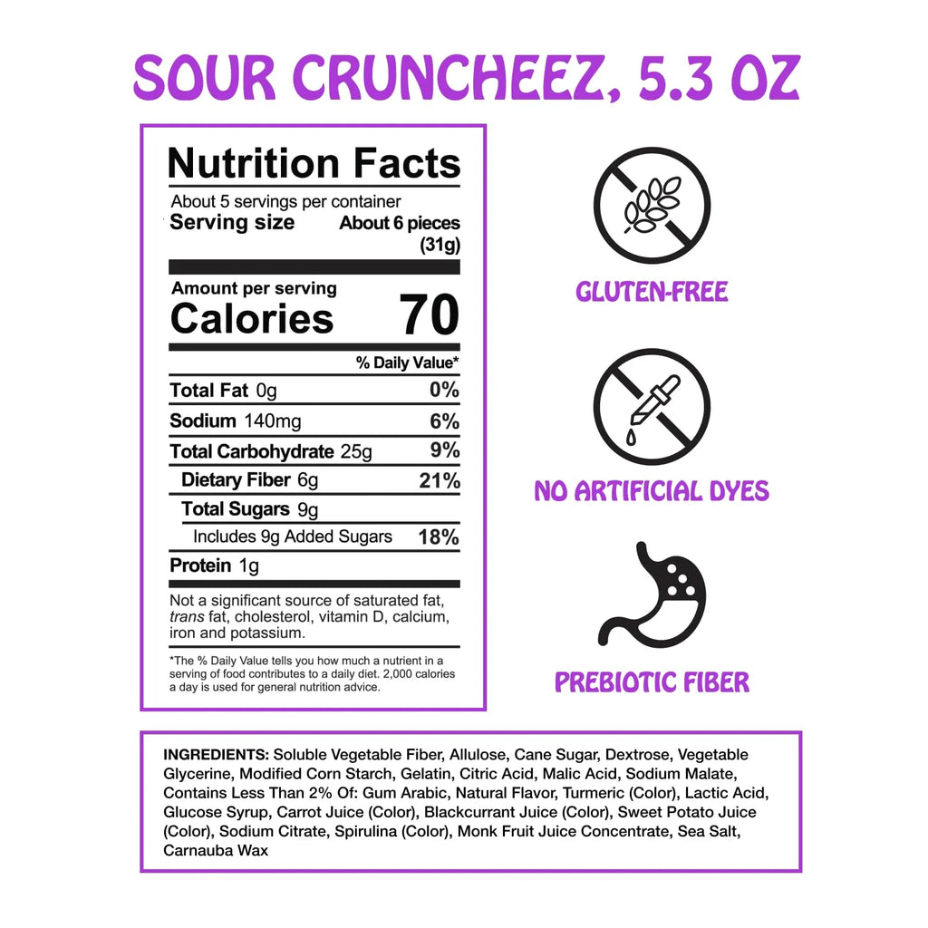 Sour Cruncheez Gummy Candy: GF, Prebiotics, Low Sugar